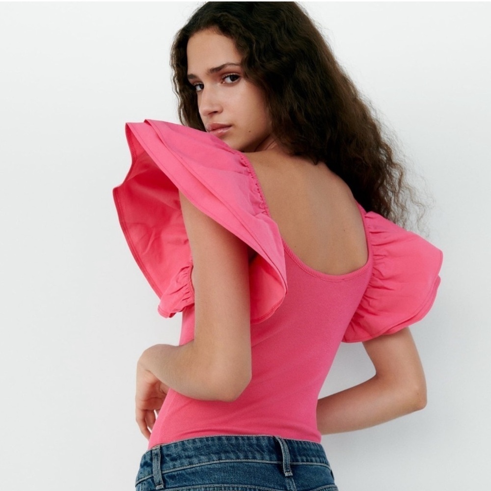 Zara Women’s Hot Pink Ribbed knit Poplin Ruffle Bodysuit Size Small - Picture 4 of 9
